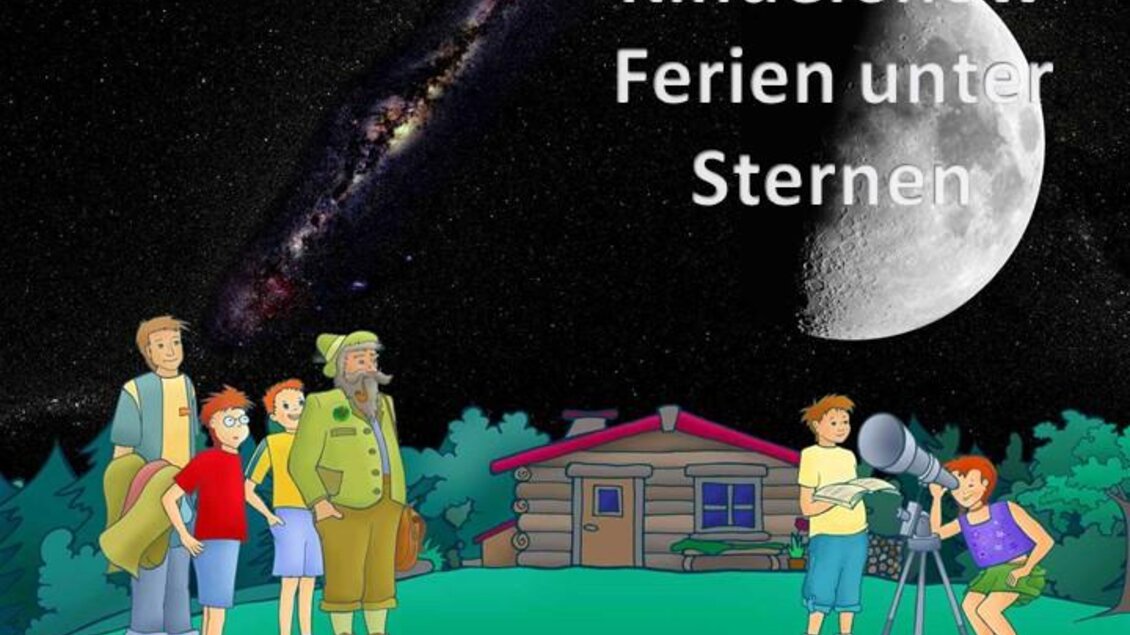 Eine bunte Zeichnung von Kindern und einem Erwachsenen, die unter einem Sternenhimmel stehen. Sie schauen mit einem Teleskop den Mond an, während ein Holzhäuschen im Hintergrund sichtbar ist. | © Sternenturm Judenburg