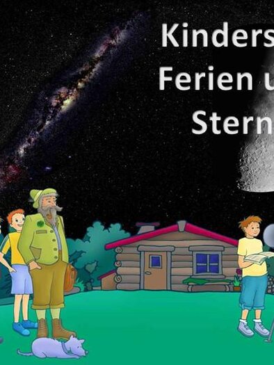 Eine bunte Zeichnung von Kindern und einem Erwachsenen, die unter einem Sternenhimmel stehen. Sie schauen mit einem Teleskop den Mond an, während ein Holzhäuschen im Hintergrund sichtbar ist. | © Sternenturm Judenburg