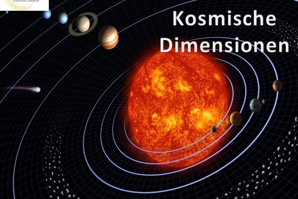 Ein Grafik, die das Sonnensystem darstellt, mit der Sonne im Zentrum und den Planeten, die in kreisförmigen Bahnen umlaufen. Der Titel "Kosmische Dimensionen" ist deutlich sichtbar. | © Sternenturm Judenburg