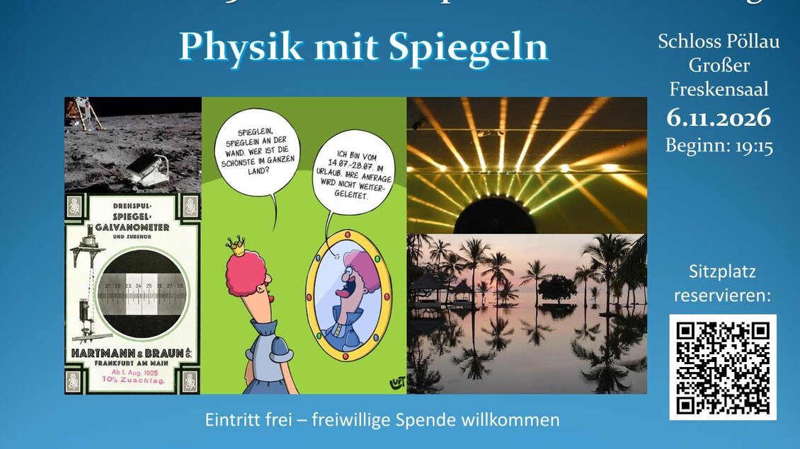 Ein bunten Veranstaltungsflyer für die "Pöllauer Experimentiervorlesung" mit dem Titel "Physik mit Kugeln". Enthalten sind Bilder von Experimenten und ein Moderator in festlicher Kleidung. | © Echophysics- Europäisches Zentrum für Physikgeschichte