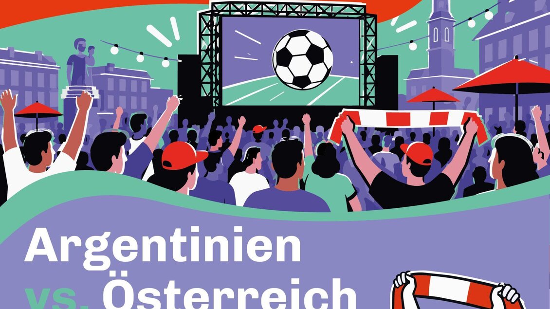 Ein buntes Plakat zur Fußball-WM 2026 in Kapfenberg. Es zeigt die Fanzone mit Informationen zum Match Argentinien gegen Österreich am 22. Juni 2026. | © Stadtgemeinde Kapfenberg