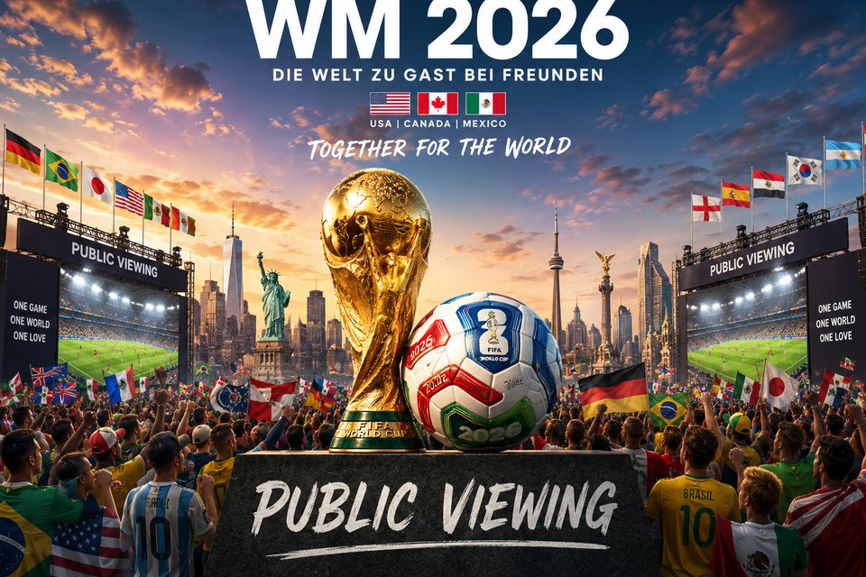Fans beim Public Viewing zur Fußball WM 2026 mit FIFA-Pokal, Fußball und internationalen Flaggen. | © ChatGPT-Christine Rotschädl