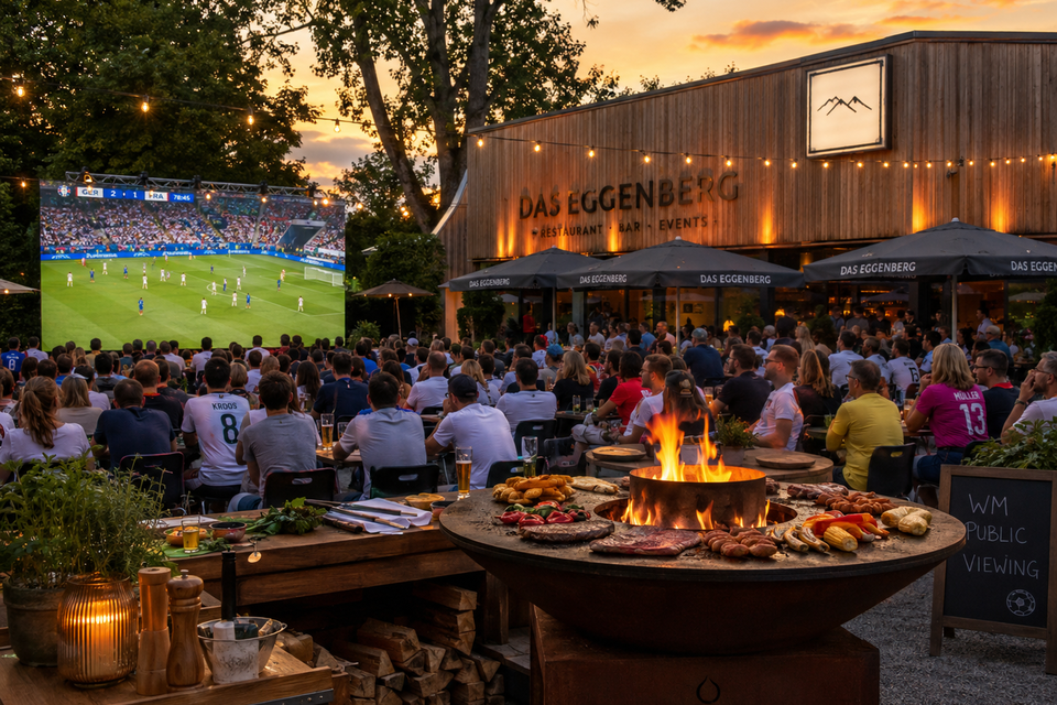 Gäste beim Public Viewing eines Fußballspiels im Gastgarten von Das Eggenberg in Graz bei Abendstimmung. | © ChatGPT-Christine Rotschädl