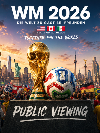 Fans beim Public Viewing zur Fußball WM 2026 mit FIFA-Pokal, Fußball und internationalen Flaggen. | © ChatGPT-Christine Rotschädl