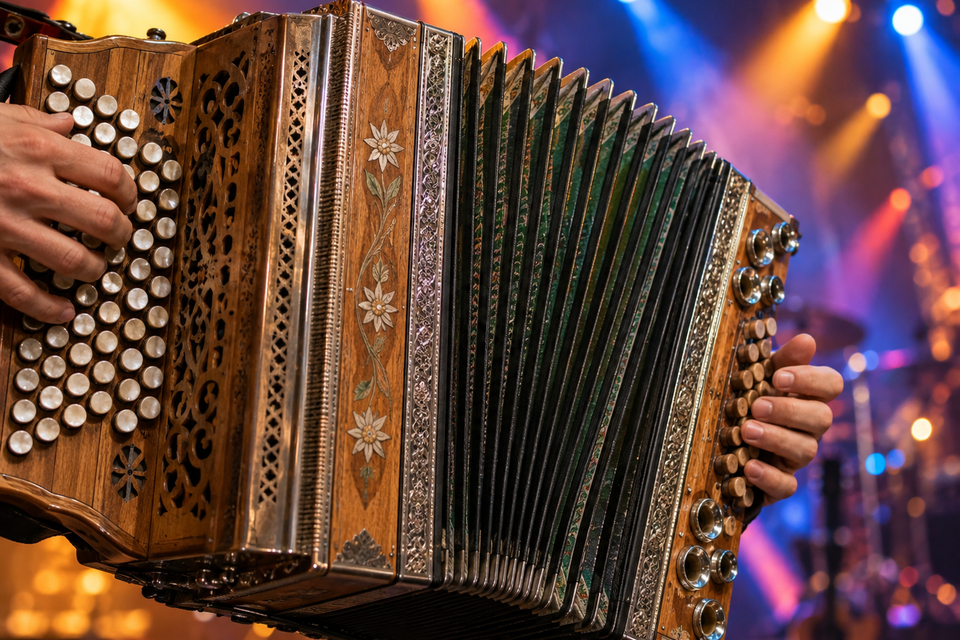 Ein Musiker spielt eine verzierte Steirische Harmonika auf einer Bühne mit farbigen Scheinwerfern. | © ChatGPT-Christine Rotschädl