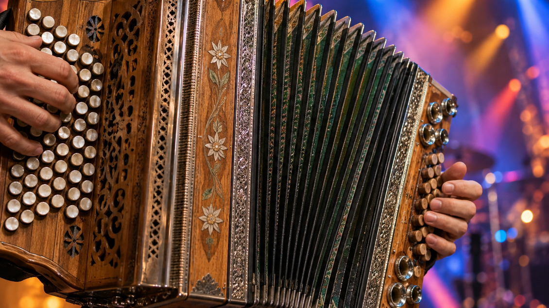 Ein Musiker spielt eine verzierte Steirische Harmonika auf einer Bühne mit farbigen Scheinwerfern. | © ChatGPT-Christine Rotschädl