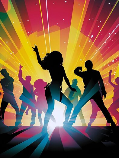 A crowd dances and celebrates in front of a colorful light background. The silhouettes show joy and movement. | © Pixabay