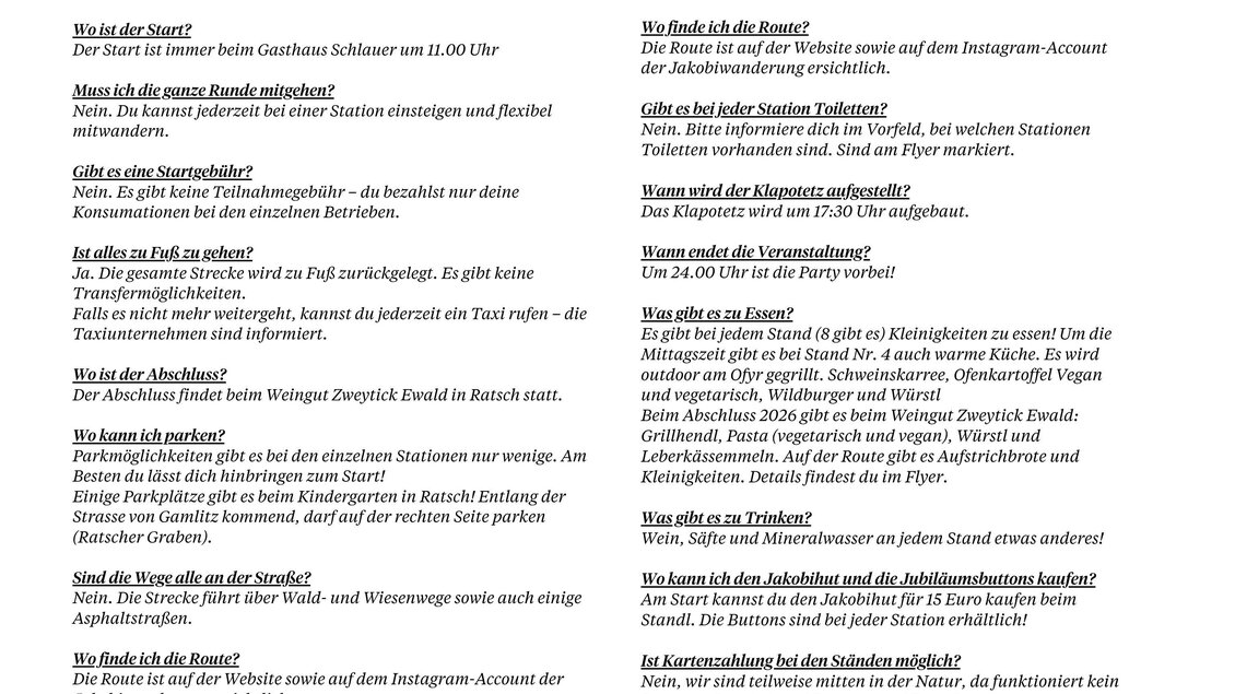 Ein Informationsblatt über die Jakobiwanderung mit Fragen und Antworten. Es enthält wichtige Details und Tipps für Wanderer. | © Ratscher Landhaus