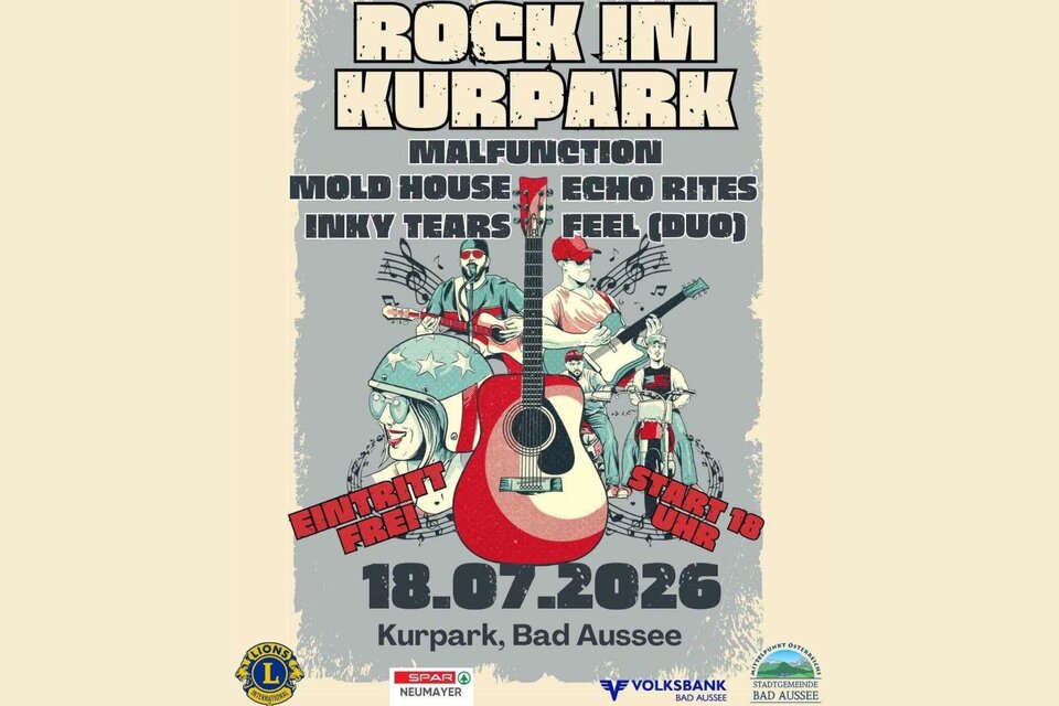 Ein buntes Plakat für ein Event namens "Rock im (Kur)Park". Es enthält die Wörter "Malfunction" und "Container of Fools" sowie einen QR-Code. | © Verein Jugendzentrum Ausseerland