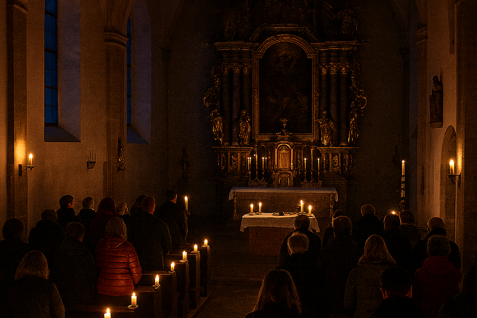 Eine ruhige Kirche mit Menschen in Andacht. Kerzenlicht erleuchtet den Raum und den Altar.