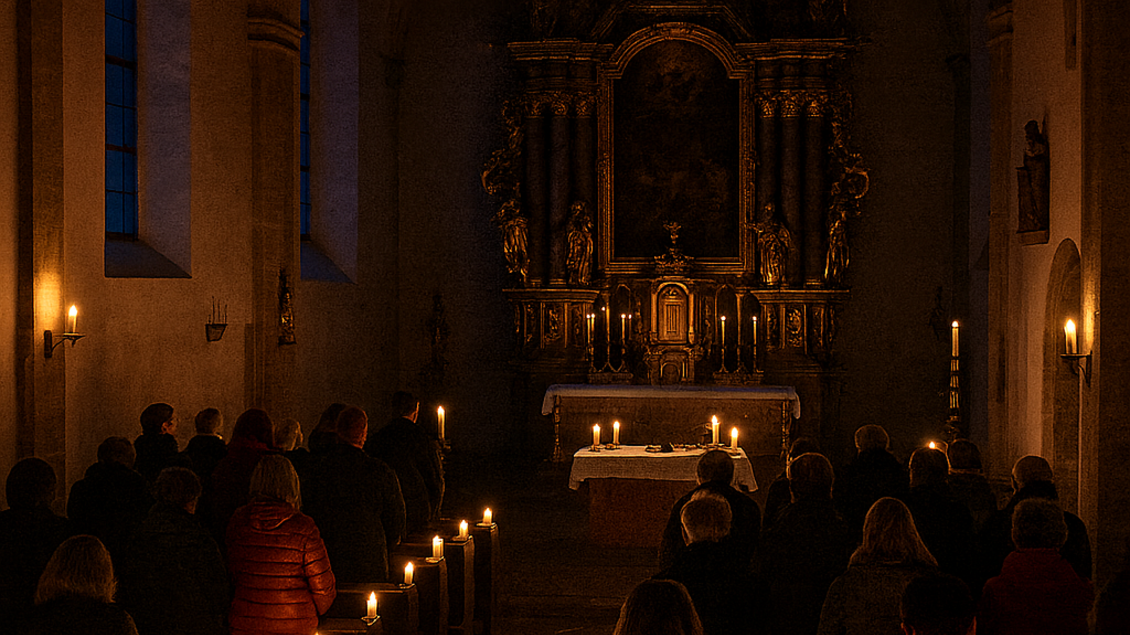 Eine ruhige Kirche mit Menschen in Andacht. Kerzenlicht erleuchtet den Raum und den Altar.