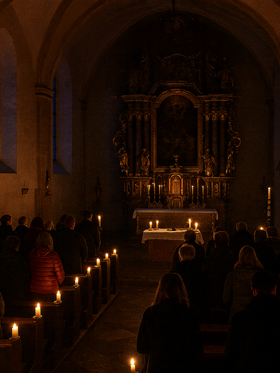 Eine ruhige Kirche mit Menschen in Andacht. Kerzenlicht erleuchtet den Raum und den Altar.