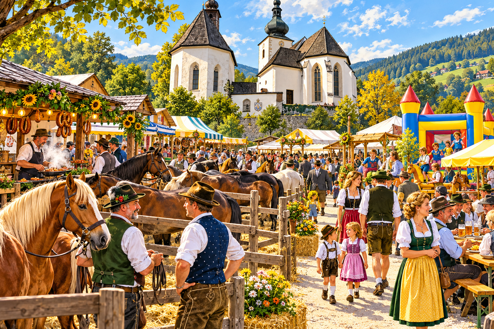 Ruamkirtag in St. Pankrazen mit Pferden, Marktständen und Besuchern in Tracht vor der Kirche. | © ChatGPT-Christine Rotschädl