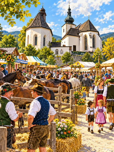 Ruamkirtag in St. Pankrazen mit Pferden, Marktständen und Besuchern in Tracht vor der Kirche. | © ChatGPT-Christine Rotschädl
