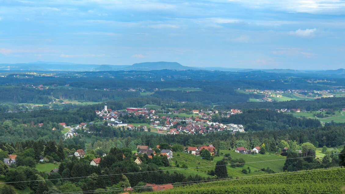 Eine malerische Landschaft mit Weinbergen und einem kleinen Dorf im Tal. Im Hintergrund sind sanfte Hügel und ein bewölter Himmel zu sehen. | © TV Südsteiermark - Irene Löschnig