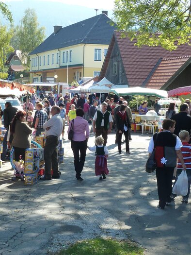 Ein lebhafter Markt mit vielen Besuchern, die verschiedene Stände erkunden. Im Hintergrund sind bunte Marktstände und Gebäude sichtbar. | © Gem. Edelschrott-Pölzl