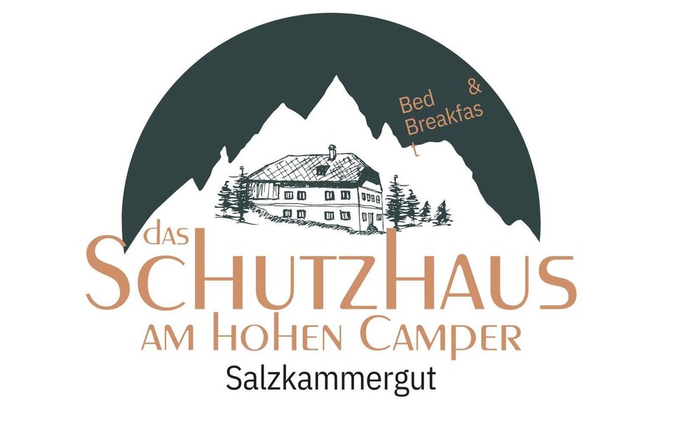 Ein Logo des Schutzhauses am Hohen Camper im Salzkammergut. Es zeigt eine stilisierte Berglandschaft mit einem Gebäude und dem Schriftzug „Bed & Breakfast“. | © Das Schutzhaus am hohen Camper