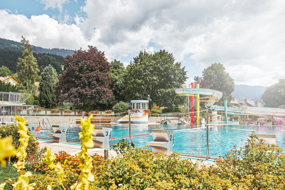 Ein Schwimmbad mit einer Rutsche und umgeben von bunten Blumen. Die Umgebung ist grün und sonnig mit Wolken am Himmel. | © TV Gesäuse