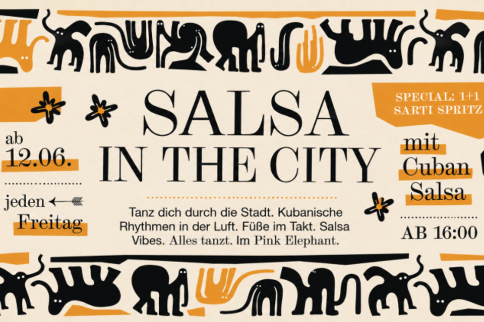 Ein Poster für eine Salsa-Veranstaltung mit dem Titel "Salsa in the City". Es zeigt bunte Elefanten und gibt Informationen über Tanz und kubanische Rhythmen.