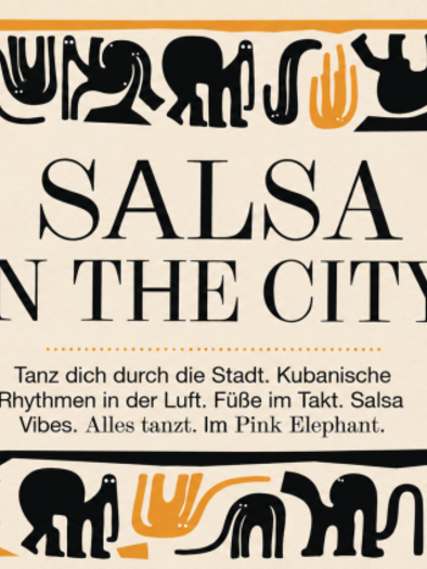 A poster for a salsa event titled "Salsa in the City". It features colorful elephants and provides information about dance and Cuban rhythms.
