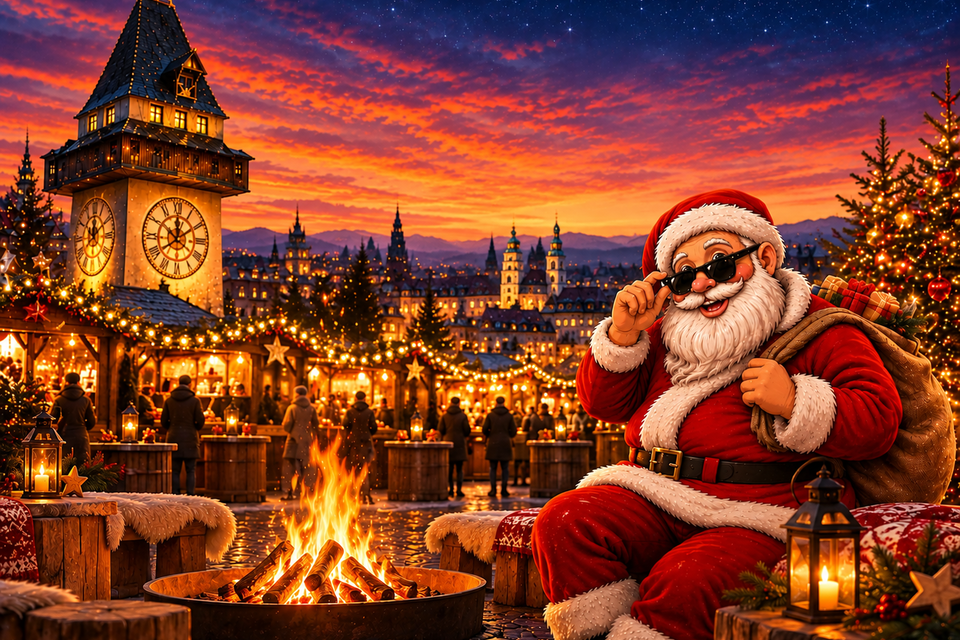 Symbolbild eines Adventmarkts mit Weihnachtsmann, brennender Feuerstelle, beleuchteten Marktständen und Weihnachtsbäumen. | © ChatGPT-Christine Rotschädl