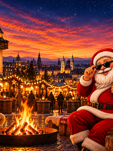 Symbolbild eines Adventmarkts mit Weihnachtsmann, brennender Feuerstelle, beleuchteten Marktständen und Weihnachtsbäumen. | © ChatGPT-Christine Rotschädl