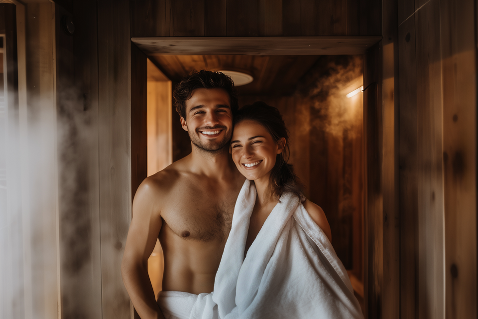 Ein Paar steht in einer Sauna und lächelt glücklich. Der Raum ist aus Holz und es gibt Dampf in der Luft. | © Thermenresort Loipersdorf