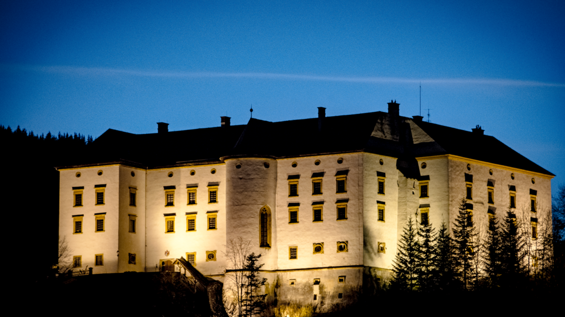 Ein beeindruckendes Schloss, das abends beleuchtet ist. Der Himmel ist dunkelblau, und es gibt Bäume in der Umgebung.