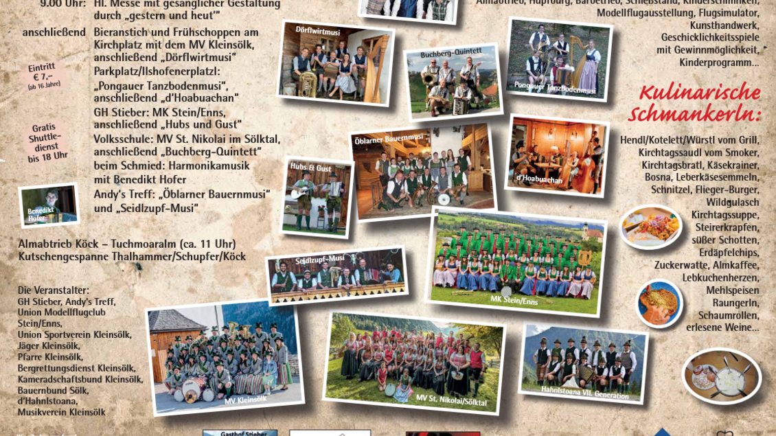 Ein Programm für einen Kirchtag mit verschiedenen Aktivitäten und kulinarischen Optionen. Das Bild zeigt Fotocollagen von Teilnehmern und Veranstaltungen. | © Schutzengel Kirchtag