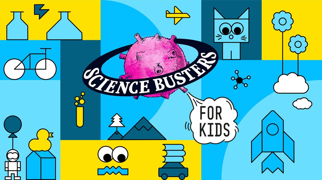 Grafik der Science Busters for Kids mit Logo und Illustrationen zu Wissenschaft, Natur und Technik. | © Genie & Wahnsinn