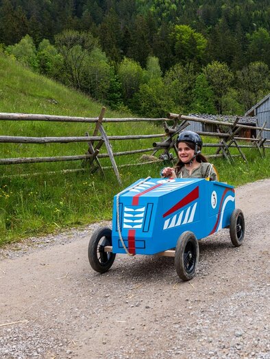 A boy is driving a blue toy car on a gravel path. In the background, green meadows and a barn can be seen. | © Pixabay