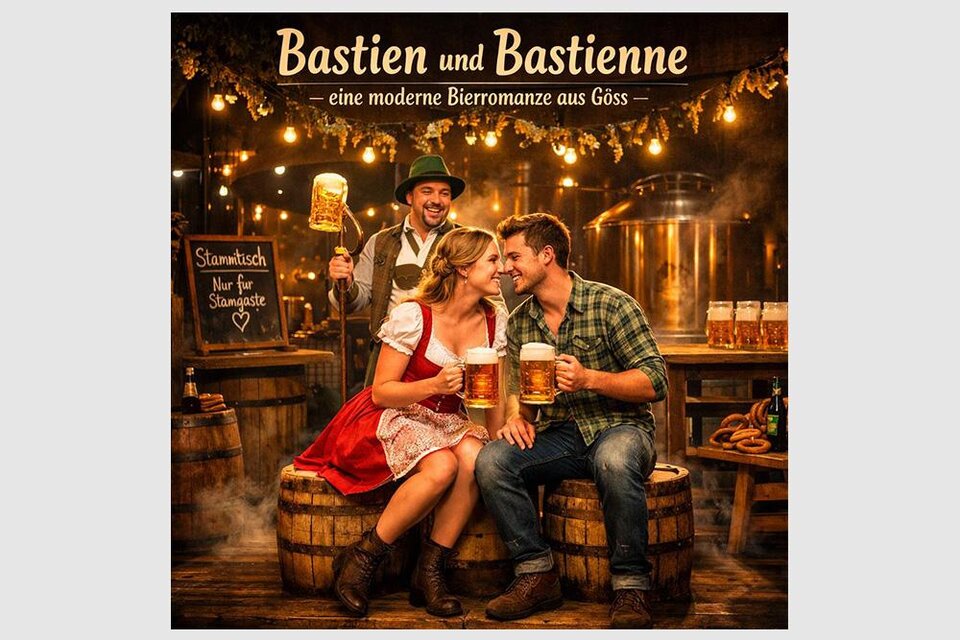 Die Illustration zeigt ein fröhliches Paar, das Bierkrüge in den Händen hält, umgeben von einem rustikalen Biergarten. Im Hintergrund steht ein weiterer Mann in traditioneller Tracht, der die Atmosphäre lebhaft ergänzt. | © ChatGPT