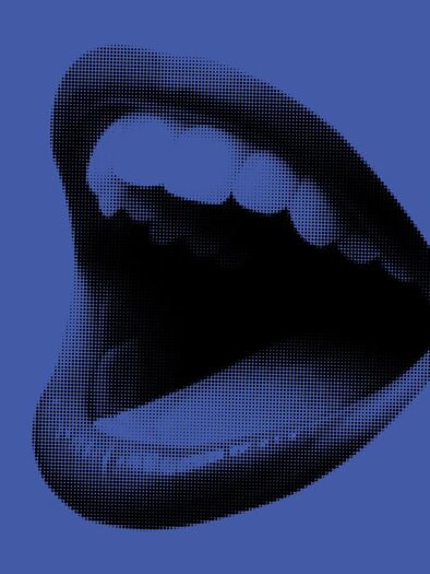 A graphic design for a slam event featuring a large, open mouth depiction. The colors are blue and red, and it includes information about the venue and the host. | © Ella Börner