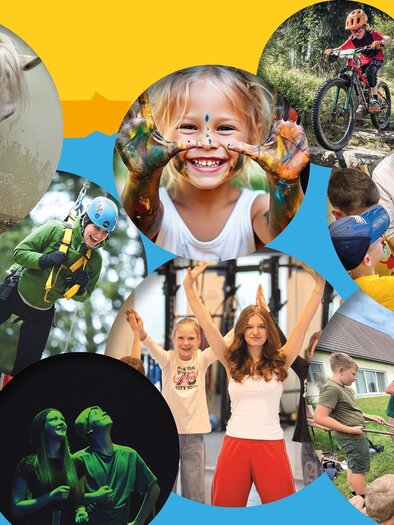 Eine Collage mit Kindern, die verschiedene Aktivitäten machen, wie Reiten, Basteln, Sport und Spielen. Die Bilder zeigen Freude, Teamarbeit und kreative Erlebnisse. | © caro werbeagentur