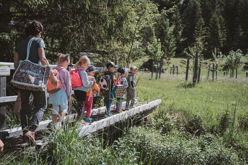 Eine Gruppe von Kindern überquert eine Holztreppe in der Natur. Sie tragen Rucksäcke und stehen inmitten von grünem Gras und Bäumen. | © Barbara Nachbagauer