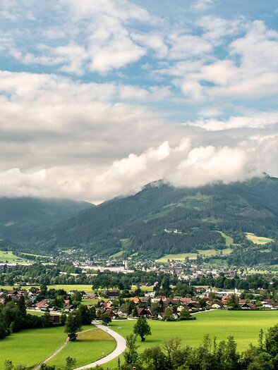 Eine malerische Landschaft mit grünen Wiesen und majestätischen Bergen im Hintergrund. Ein einzelner Baum steht vor einem kleinen Dorf, das von der Natur umgeben ist. | © TV Gesäuse