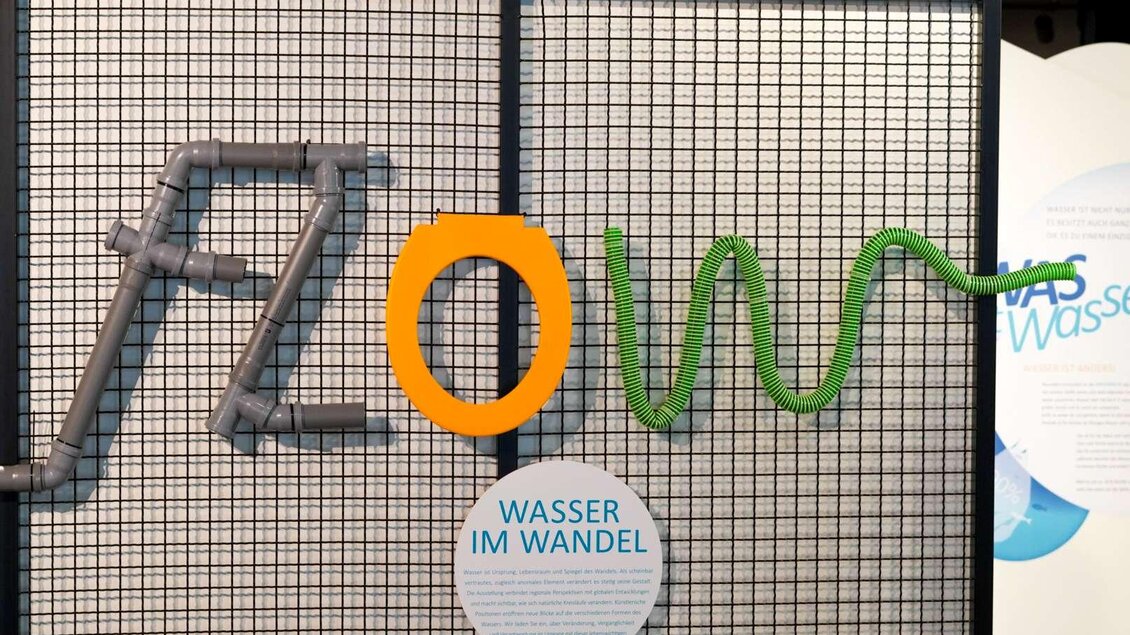 Eine kreative Installation mit dem Wort "FLOW", das aus Rohren und Schläuchen besteht. Darunter steht der Text "WASSER IM WANDEL". | © WinterSportMuseum