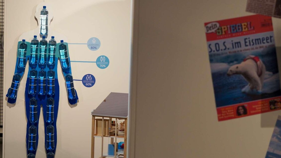 Eine lebensgroße Figur aus blauen Plastikflaschen steht an der Wand. Daneben hängt ein Plakat mit dem Titel "S.O.S. im Eismeer". | © WinterSportMuseum