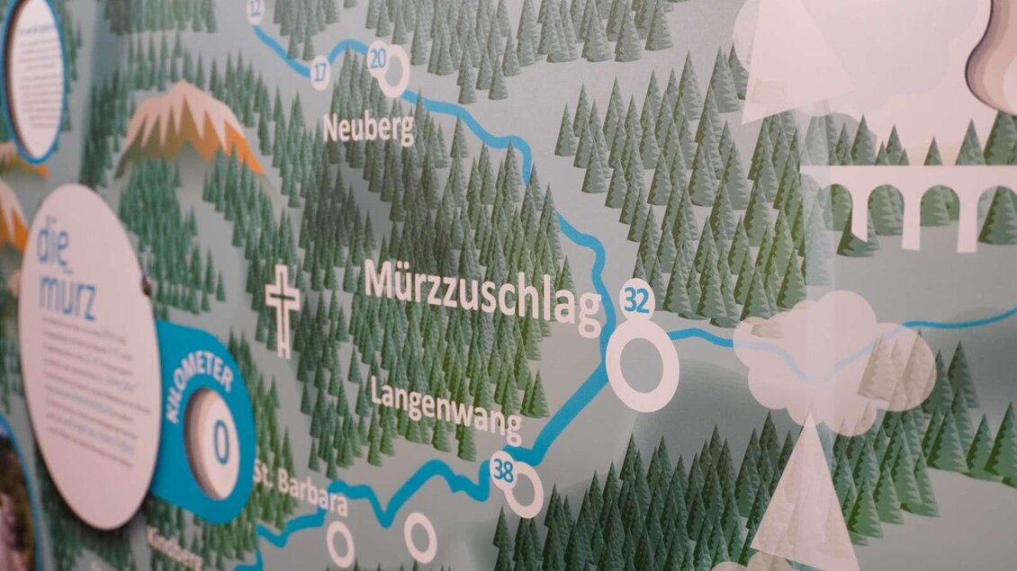 Eine detailreiche Karte zeigt die Umgebung von Mürzzuschlag mit grünen Wäldern und einem blauen Fluss. Wichtige Orte wie Neuberg und Langenwang sind markiert. | © WinterSportMuseum