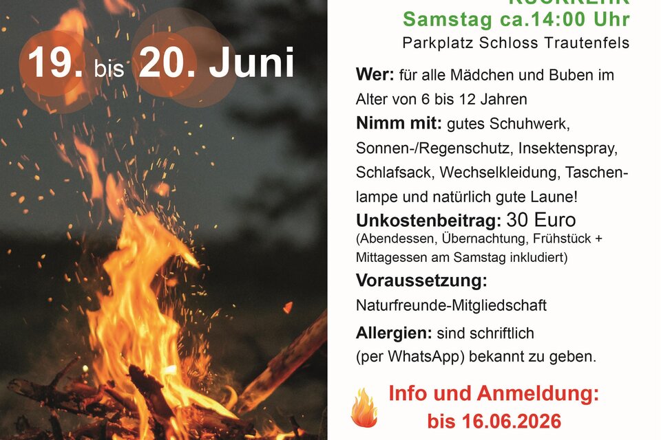 Ein Plakat für ein Sommerlager mit Übernachtung auf der Grimminghütte. Es zeigt Informationen zu Aktivitäten wie Lagerfeuer und Spiele sowie Anmeldedetails. | © Naturfreunde Stainach