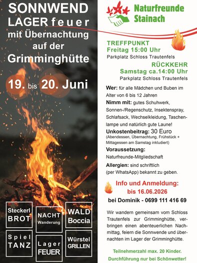 Ein Plakat für ein Sommerlager mit Übernachtung auf der Grimminghütte. Es zeigt Informationen zu Aktivitäten wie Lagerfeuer und Spiele sowie Anmeldedetails. | © Naturfreunde Stainach