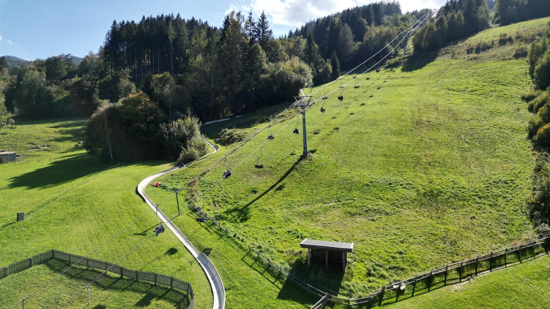 Eine grüne Wiese mit einer Bergbahn und einem Rodelbahn. Im Hintergrund sind Bäume und ein blauer Himmel zu sehen.