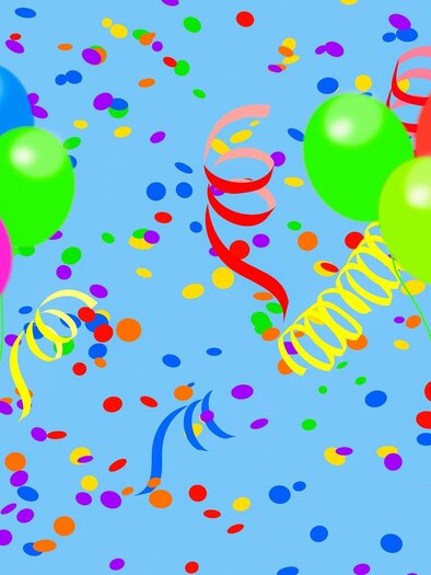 Colorful balloons in various colors float against a blue background. Colorful confetti and garlands scatter across the image, creating a cheerful atmosphere. | © pixabay