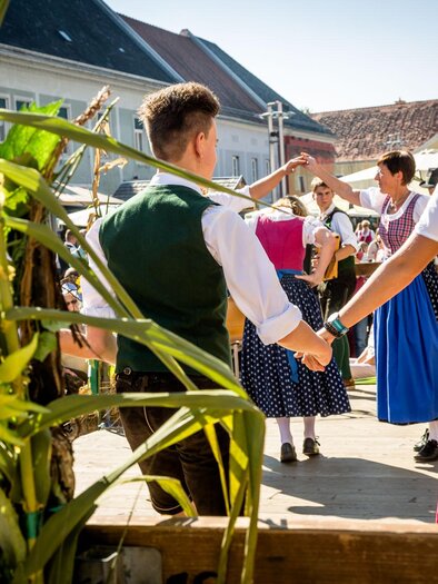 A group of dancers in traditional attire is happily dancing outdoors. In the foreground, sunflowers and decorative elements can be seen. | © TV Südsteiermark stephan friesinger