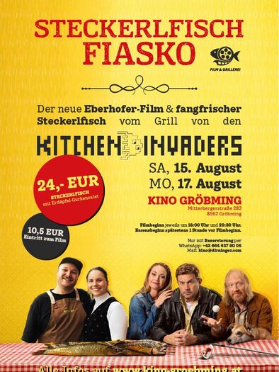 Ein Werbeplakat für den Film "Steckerlfisch Fiasko" mit Informationen zu Vorführungen und Preisen. Es zeigt eine Gruppe von Personen und thematisiert frischen Steckerlfisch vom Grill. | © Kino Gröbming
