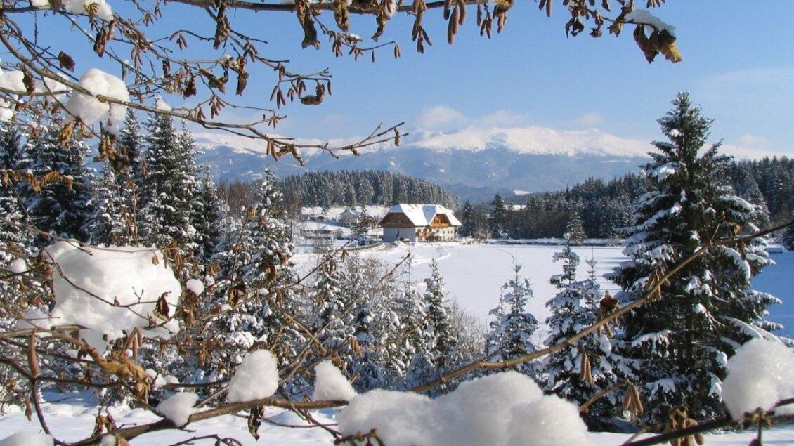 Eine winterliche Landschaft mit schneebedeckten Bäumen und einer ruhigen Hütte in der Ferne. Der klare Himmel und die verschneiten Berge schaffen eine friedliche Atmosphäre.