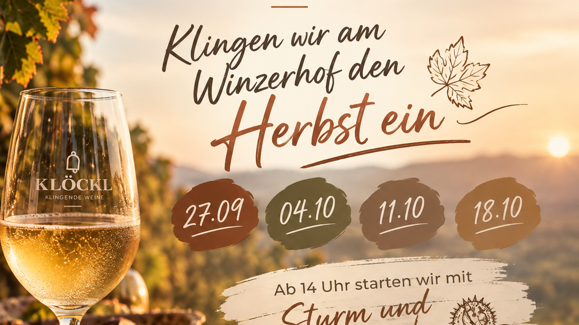 Ein Weinglas steht im Vordergrund, umgeben von Kastanien und Herbstlaub. Im Hintergrund sieht man eine malerische Landschaft bei Sonnenuntergang. | © Winzerhof Klöckl