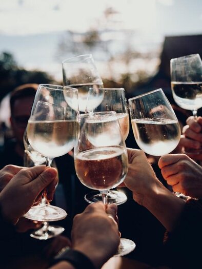 **Gemeinsam anstoßen und den Sommer genießen:** Gläser voller Wein, stimmungsvolle Abendsonne und gesellige Atmosphäre machen diesen Moment zum perfekten Ausklang eines unvergesslichen Sommertages beim Obstbau Haas in Poppendorf. | © Obstbau Haas