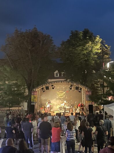 Ein Konzert im Freien bei Nacht mit einer großen Menschenmenge. Die Bühne ist gut beleuchtet und es sind mehrere Musiker zu sehen.