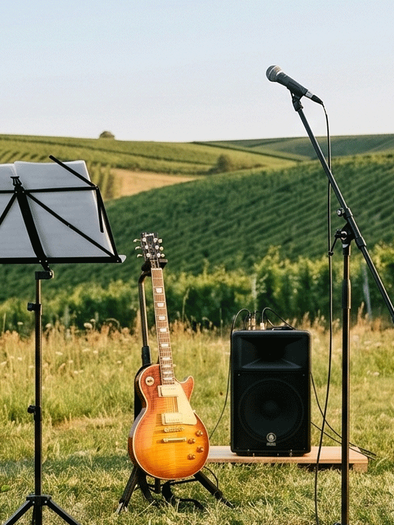 An electric guitar and a microphone stand on a tripod amidst vineyards. In the background, gentle hills and green grapevines extend. | © LOISIUM